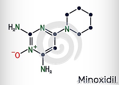 Minoxidil molecule. It is an antihypertensive vasodilator medication, is used to treat hair loss. Structural chemical formula Vector Illustration