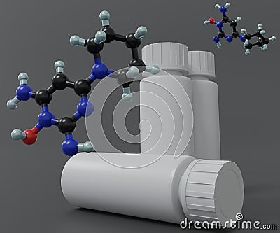 minoxidil molecule with white drug bottle Stock Photo