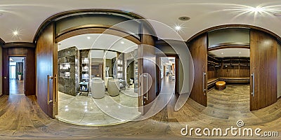 MINSK, BELARUS - AUGUST 2017: full seamless panorama 360 angle view in elite vip bathroom and wardrobe in loft hotel. Spherical Editorial Stock Photo