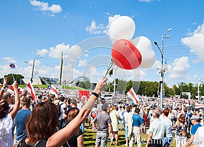 MINSK, BELARUS AUGUST 16, 2020 thousands of people attended a peaceful protest rally near Minsk Hero City Obelisk, for Editorial Stock Photo