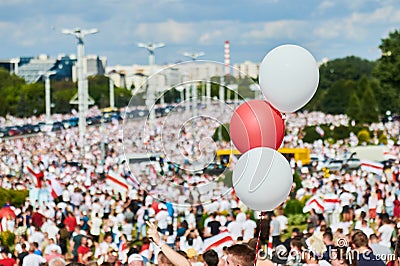 MINSK, BELARUS AUGUST 16, 2020 thousands of people attended a peaceful protest rally near Minsk Hero City Obelisk, for Editorial Stock Photo