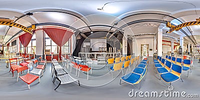 Minsk, Belarus - 2018: 3D spherical panorama with 360 viewing angle of the party loft interior with stage and chairs. Ready for vi Editorial Stock Photo