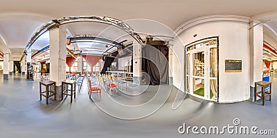 Minsk, Belarus - 2018: 3D spherical panorama with 360 viewing angle of the party loft interior with stage and chairs. Ready for vi Editorial Stock Photo