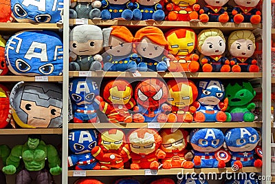 MINSK, BELARUS - December 20, 2019: Toys superheroes of the Marvel universe made by Miniso on store shelves. Editorial Stock Photo