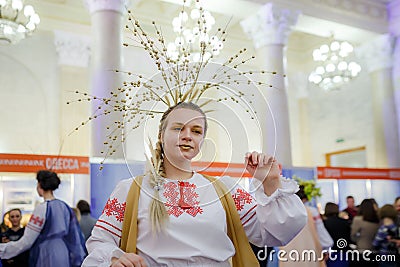 MINSK, BELARUS - FEBRUAR 1, 2018: beautiful girl in Belarusian t Editorial Stock Photo