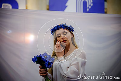 MINSK, BELARUS - FEBRUAR 1, 2018: beautiful girl in Belarusian t Editorial Stock Photo