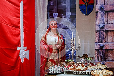 MINSK, BELARUS - FEBRUAR 1, 2018: pretty woman in beautiful old-fashioned dress Editorial Stock Photo