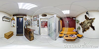 MINSK, BELARUS - JANUARY, 2023: full seamless hdri 360 panorama in interior small reception or guest waiting area with stuffed Editorial Stock Photo