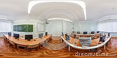 MINSK, BELARUS - JANUARY 2021: hdr 360 panorama interior modern classroom with computers in full spherical equirectangular Editorial Stock Photo