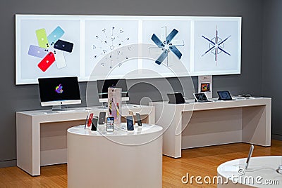 MINSK, BELARUS - January 29, 2020: iPhone Mobile Phones, iMac Computers and iPad Tablets For Sale in Apple Store. Editorial Stock Photo
