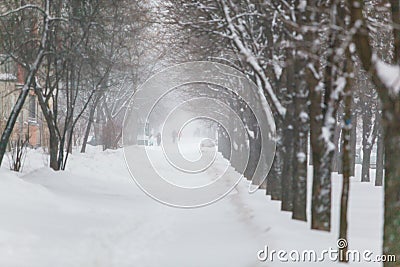 Severe snowstorm blowing hard in Zakharova Street Editorial Stock Photo