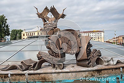 Fountain of Three Storks with Brest Coat of Arms at Independence Square - Minsk, Belarus Editorial Stock Photo