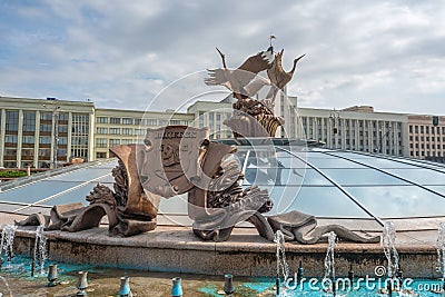 Fountain of Three Storks with Vitebsk Coat of Arms at Independence Square - Minsk, Belarus Editorial Stock Photo