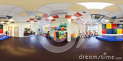 MINSK, BELARUS - JULY, 2017: full seamless panorama 360 angle view in interior of stylish fitness club for kids gymnastics room Editorial Stock Photo