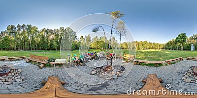 MINSK, BELARUS - JULY 2021: full seamless spherical hdr 360 panorama group of pioneers or boy scouts in forest camp near fire in Editorial Stock Photo