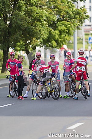 Minsk, Belarus-July 8, 2017: Professional Road Cycling Team Celebrates its Victory in International Road Cycling Competition Gran Editorial Stock Photo