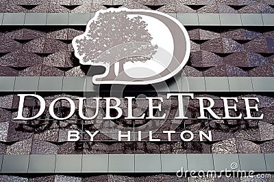 Minsk, Belarus - june 17, 2017: Logo on the facade of the hotel building Double Tree by Hilton Hotel Minsk Editorial Stock Photo