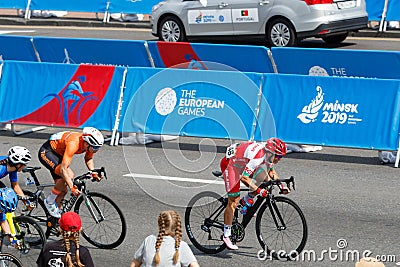 MINSK, BELARUS - 22 June 2019: 2nd European Games Women`s cycle road race. Athlets is on home stretch Editorial Stock Photo