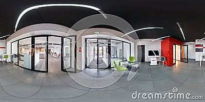 MINSK, BELARUS - JUNE 2017: panorama 360 angle view in interior guestroom hall modern ceramic tile shop. Full spherical 360 Editorial Stock Photo