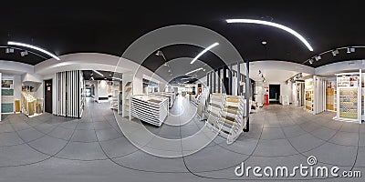 MINSK, BELARUS - JUNE 2017: panorama 360 angle view in interior modern ceramic tile shop, showroom bathroom. Full spherical 360 Editorial Stock Photo
