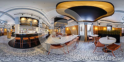 MINSK, BELARUS - MARCH, 2019: Full spherical seamless hdri panorama 360 degrees angle view inside interior of shop restaurant with Editorial Stock Photo