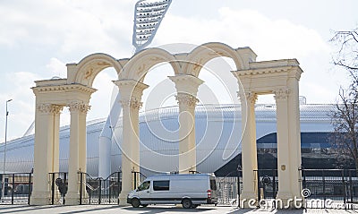 MINSK, BELARUS - MARCH, 19, 2019: Modern part of Dynamo stadium, Important football facility of the city of Minsk and Editorial Stock Photo