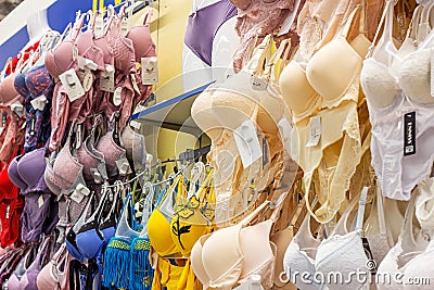 MINSK, BELARUS - MARCH 22, 2021: New pastel color women underwear and bras in the lingerie shop. Editorial Stock Photo