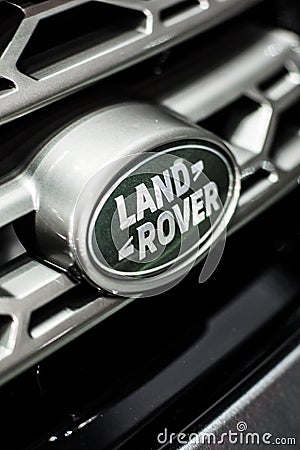 Minsk, Belarus May 2018 brand land-rover emblem logo sign on auto during autoexhibition on range rover land rover Editorial Stock Photo