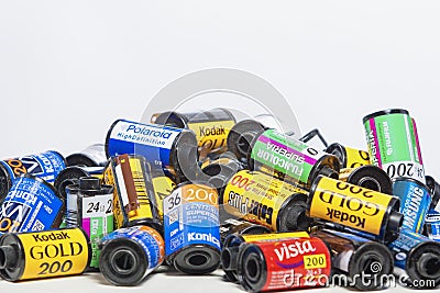 Minsk, Belarus-May 30, 2015: Bulk Variety of Old Photo Films Cassettes of Different World Leading Manufacturers Placed in Heap To Editorial Stock Photo