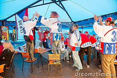 MINSK, BELARUS - MAY 11 - Czech Fans in Cafe at Chizhovka Arena on May 11, 2014 in Belarus. Ice Hockey Championship. Editorial Stock Photo