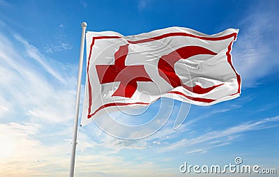 Minsk, Belarus - May, 2021: Flag of International Red Cross and crescent Committee with blue sky on background. Movement of Red Cartoon Illustration