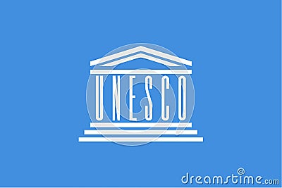 Minsk, Belarus - May, 2021: Flag of UNESCO World Heritage Committee waving in the wind at flagpole on background of blue sky. 3d Cartoon Illustration