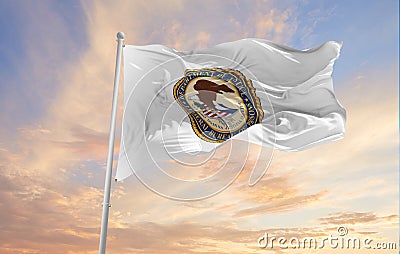 Minsk, Belarus - May, 2021: flag of United States Federal Bureau of Prisons waving in the wind. USA Departments. Copy space. 3d Cartoon Illustration