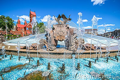 MINSK, BELARUS - MAY 06, 2016: Fountain and The House of the Government of Belarus on the Independence Square in Minsk, Belarus. Stock Photo