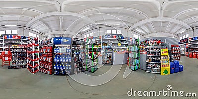 MINSK, BELARUS - MAY, 2021: Full spherical seamless hdr 360 panorama inside interior of auto store with machine oils and fuels Editorial Stock Photo