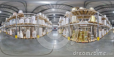 Minsk, Belarus - may, 2020: Full spherical seamless hdri panorama 360 degrees in interior of large goods warehouse with shelves of Editorial Stock Photo