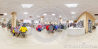 MINSK, BELARUS - MAY 2018: Full spherical seamless hdri panorama 360 degrees in interior of shop with shelves fabrics in elite Editorial Stock Photo