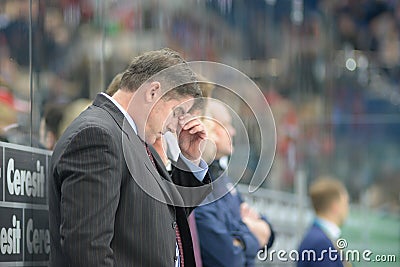 MINSK, BELARUS - MAY 7: Laviolette Peter, head coach of USA, reacts during 2014 IIHF World Ice Hockey Championship match Editorial Stock Photo