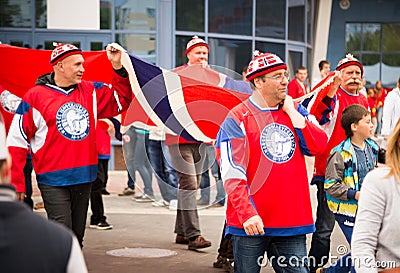 MINSK, BELARUS - MAY 11 - Norway Fans in Front of Chizhovka Arena on May 11, 2014 in Belarus. Ice Hockey Championship. Editorial Stock Photo