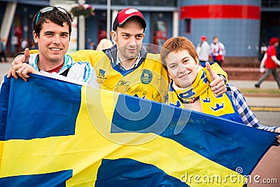 MINSK, BELARUS - MAY 11 - Sweden Fans in Front of Chizhovka Arena on May 11, 2014 in Belarus. Ice Hockey Championship. Editorial Stock Photo