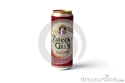 Minsk. Belarus. November 8, 2020. Studio lighting. ... There is a metal and glass can of beer on it. Close-up. Photo on a white Editorial Stock Photo