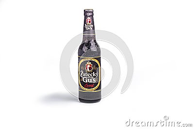 Minsk. Belarus. November 8, 2020. Studio lighting. ... There is a metal and glass can of beer on it. Close-up. Photo on a white Editorial Stock Photo