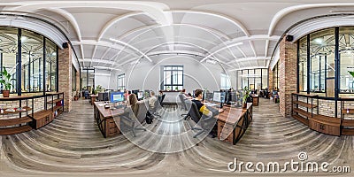 MINSK, BELARUS - OCTOBER, 2019: full seamless spherical hdri panorama 360 in interior work room in modern coworking office with Editorial Stock Photo