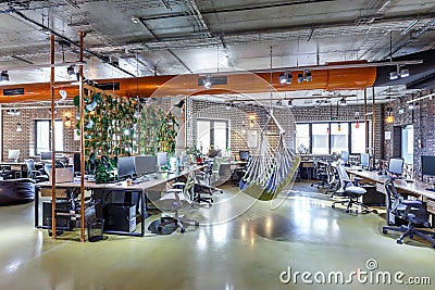 MINSK, BELARUS - OCTOBER, 2015: interior of work room in modern coworking in loft style Editorial Stock Photo