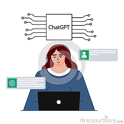 Minsk, Belarus - 04-02-2023. A person uses an artifical chatbot system assistant on a laptop. A woman works Vector Illustration