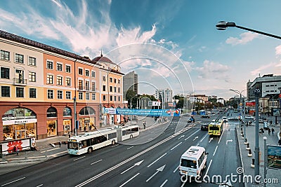 Minsk, Belarus. Public Transport In Traffic On Nemiga Street. Editorial Stock Photo