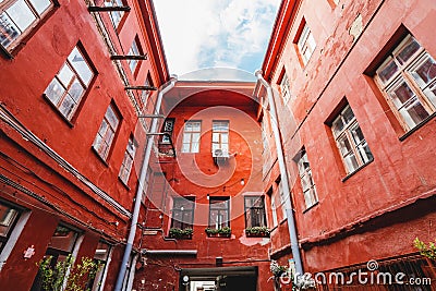 Minsk, Belarus. Red Yard - courtyard-well in Minsk old town. Editorial Stock Photo