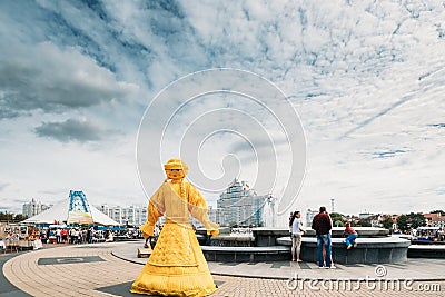 Minsk, Belarus. Statue stylized as an old Belarusian straw doll. Straw Dolls Are Most Popular Souvenirs From Belarus. Editorial Stock Photo