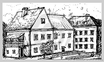 Minsk Belarus, Trinity Suburb.Ink, hand drawing on white background - old architecture buildings and structures Vector Illustration