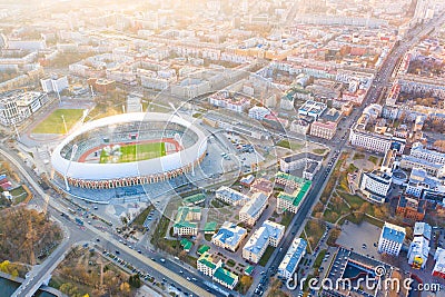 Minsk city central part lit with sunshine. Important sport arena Dinamo stadium aerial Editorial Stock Photo